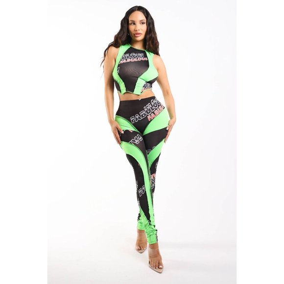 Boutique Pants - Women's Sleeveless Short Tops & Sports Leggings Fabulous Neon Lime Racer Set